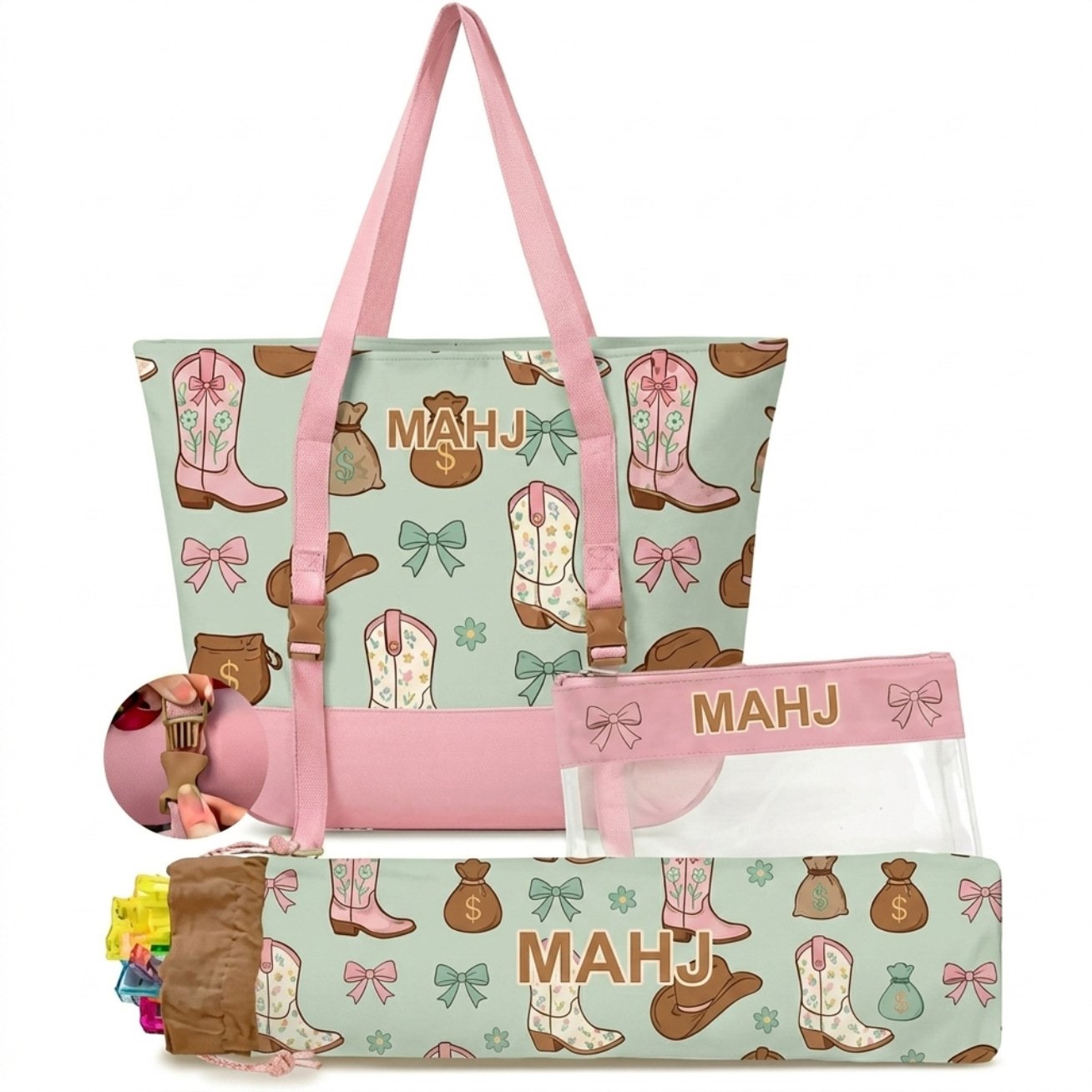 Green High Heel 3-Piece Mahjong Bag Set Green High Heel 3-Piece Mahjong Bag Set