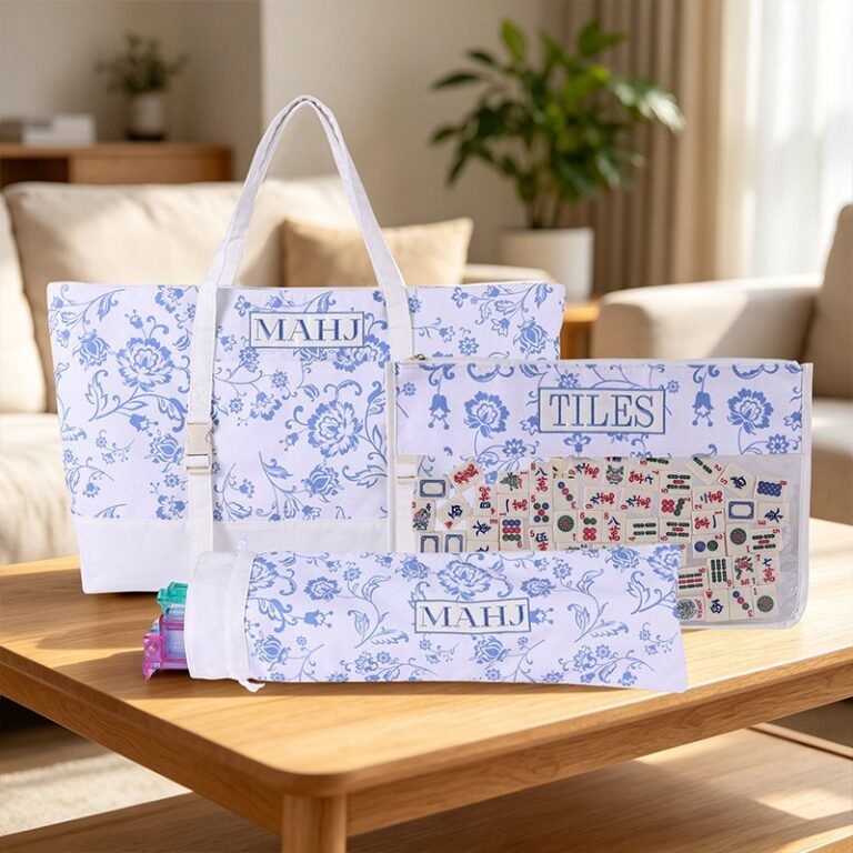 Blue & White Porcelain 3-Piece Mahjong Bag Set