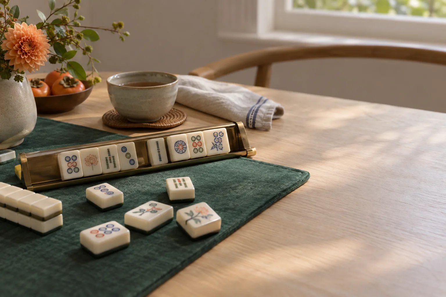 American Mahjong rack and tiles on a green table