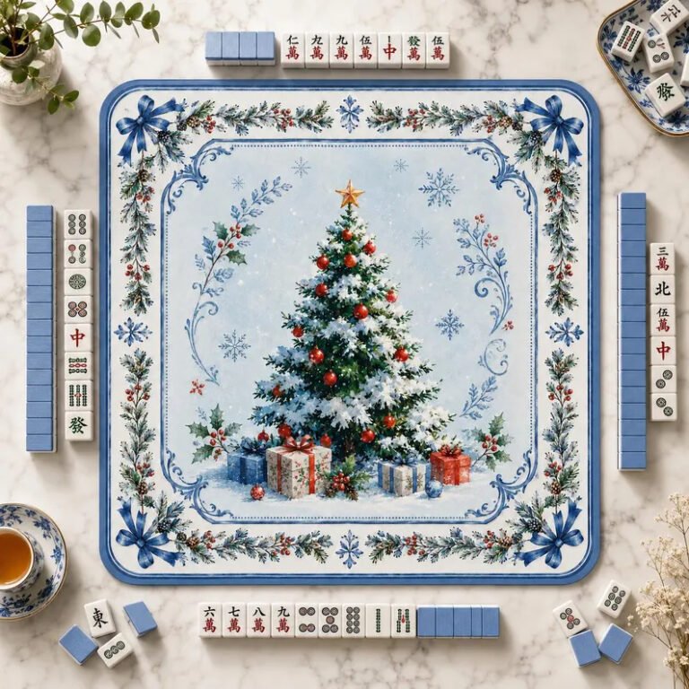 Blue Chinoiserie Christmas Tree Mahjong Mat on a Mahjong table