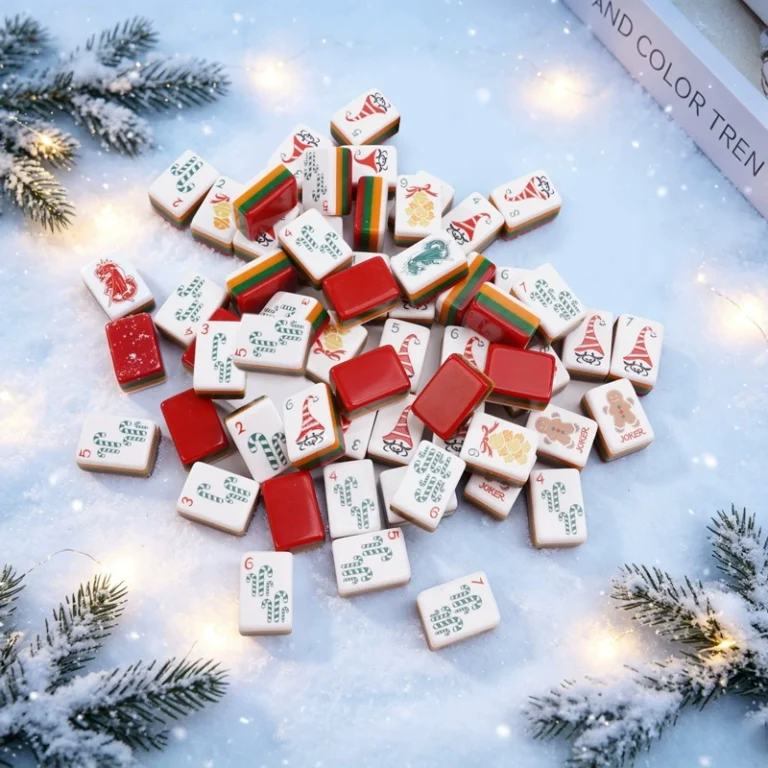 Christmas mini American Mahjong tiles arranged on a snowy surface