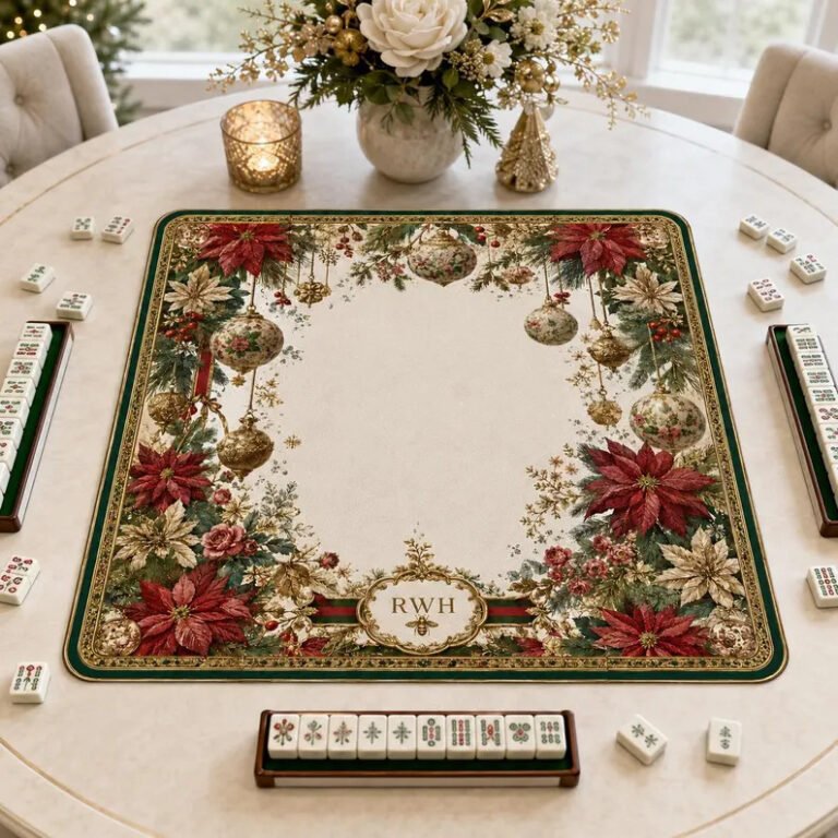 Classic Poinsettia Christmas Mahjong Mat on a Mahjong table