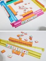 Sunset stripe American Mahjong tiles displayed with colorful tile racks