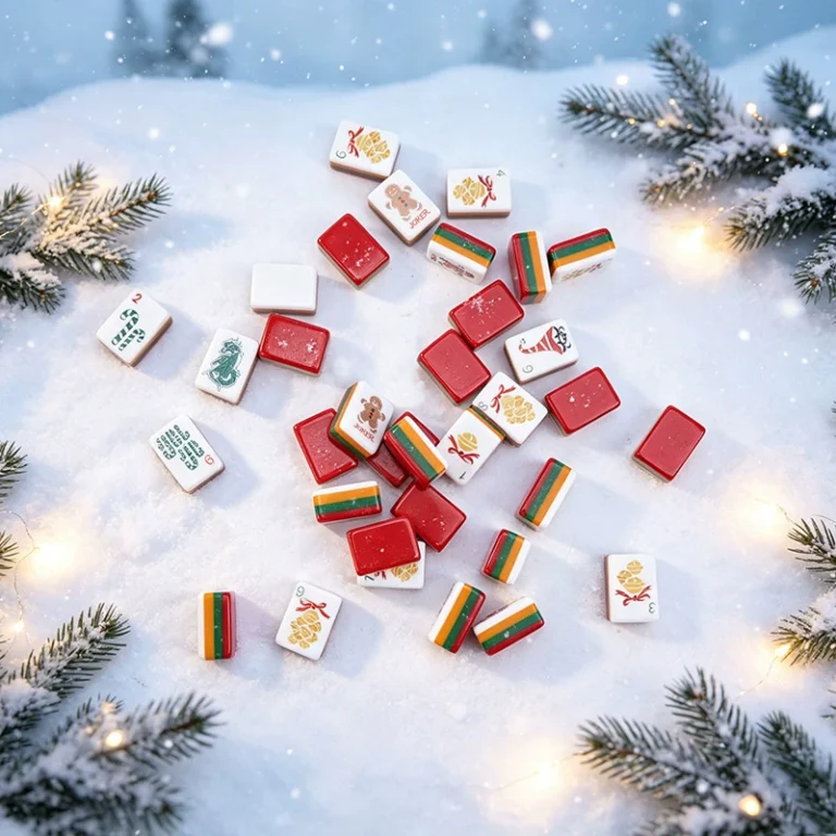 Festive red green white and gold mini Mahjong tiles in a winter scene