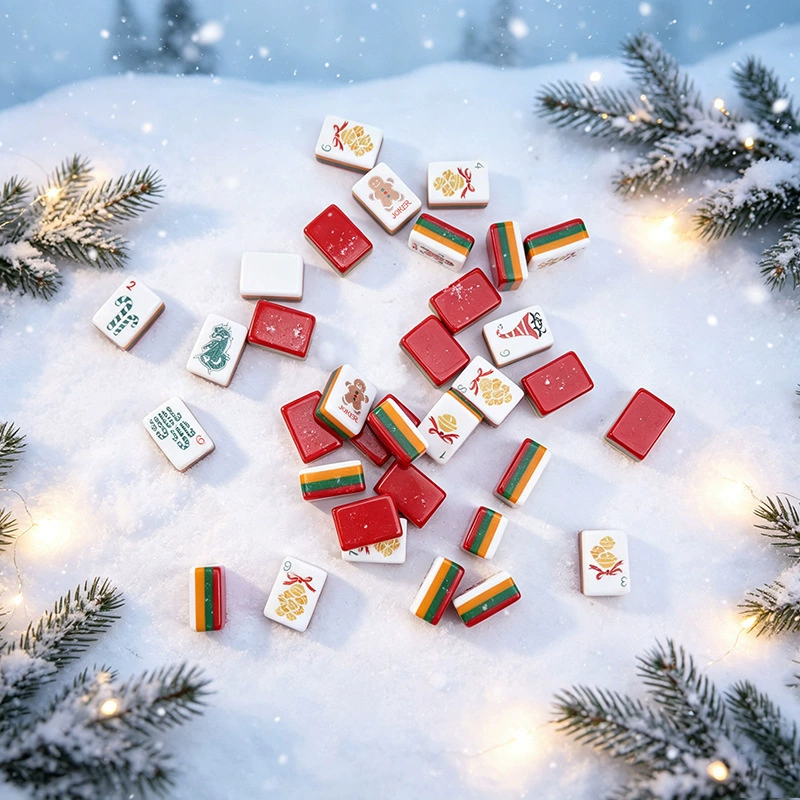 Festive red green white and gold mini Mahjong tiles in a winter scene