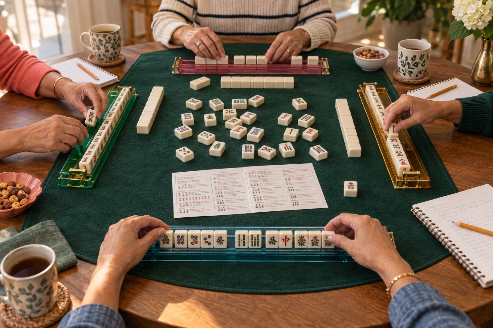 Four players learning American Mahjong around a green mat