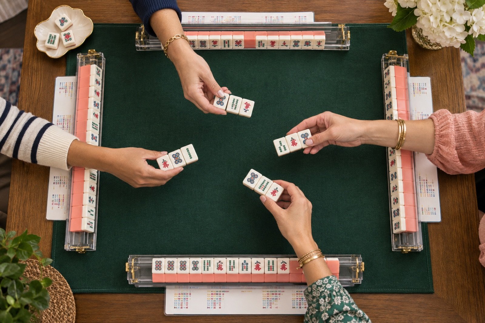 Four players passing groups of three tiles during the Charleston