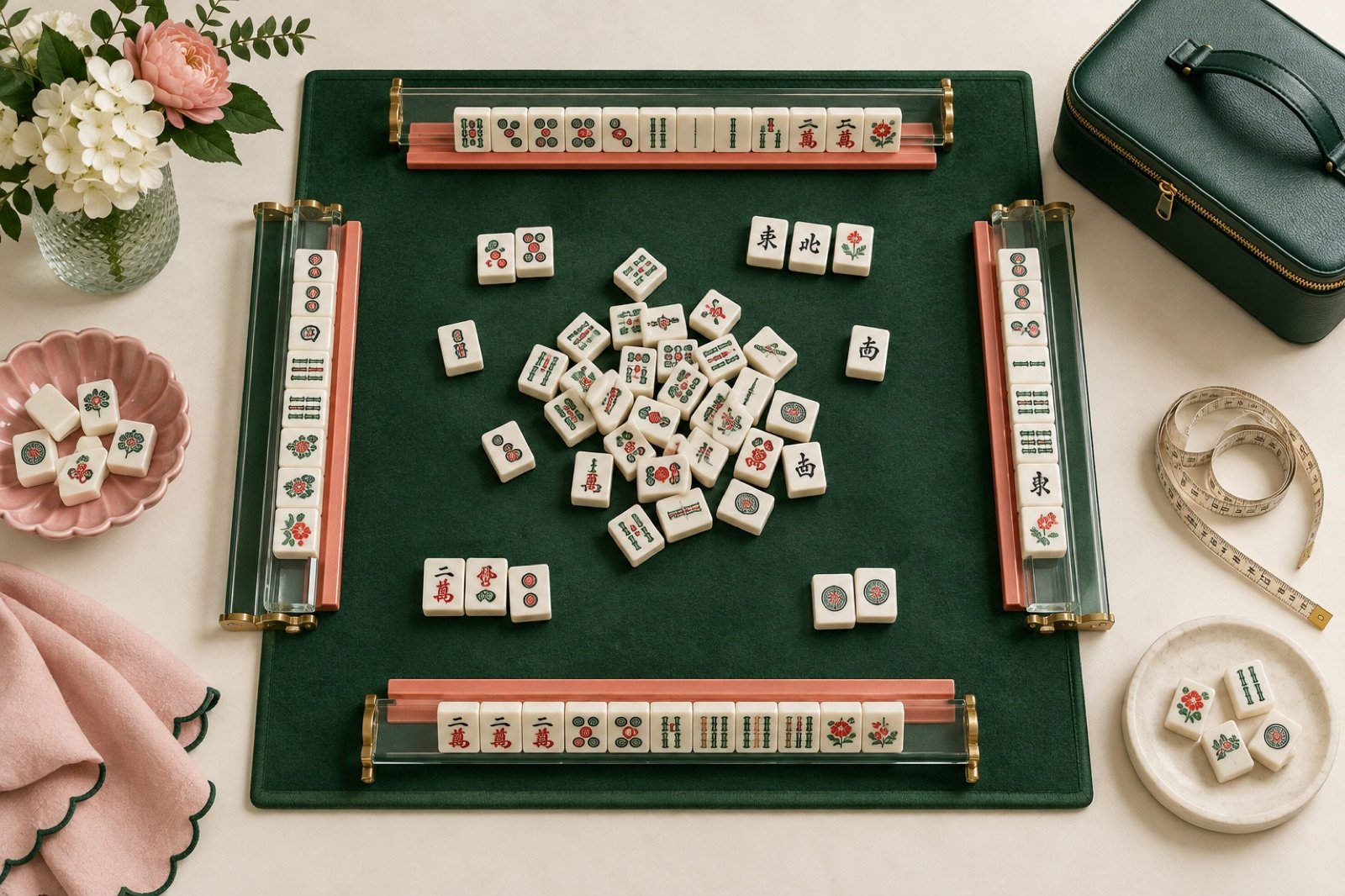 American Mahjong tiles racks mat case and measuring tape arranged overhead
