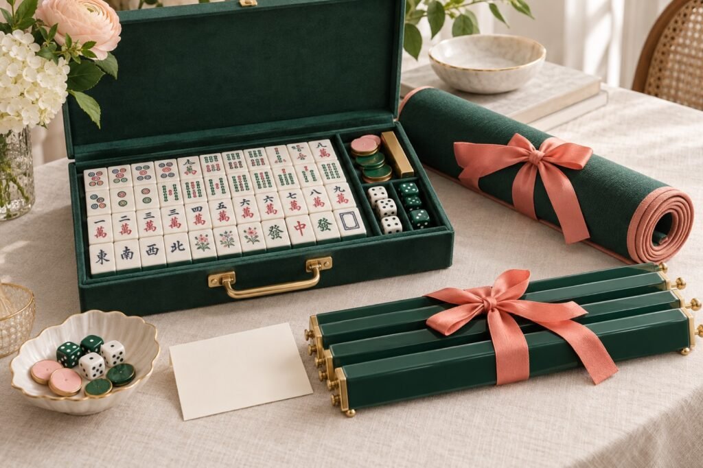 Gift-ready American Mahjong tiles racks and rolled mat in forest green and coral