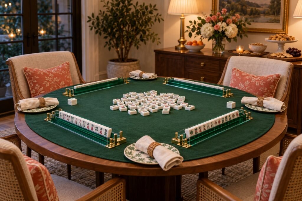 Welcoming American Mahjong table set for four players with green mat and racks