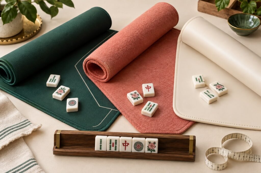 Forest green coral and cream Mahjong mat materials with tiles and rack