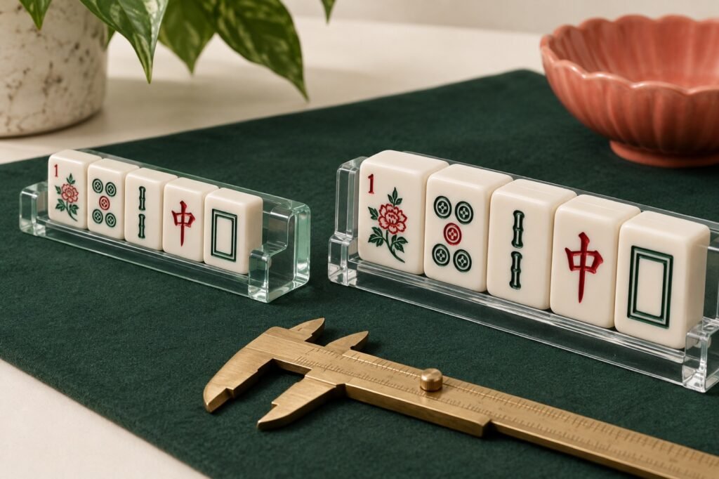 Mini and standard Mahjong tiles shown in two clear rack channels