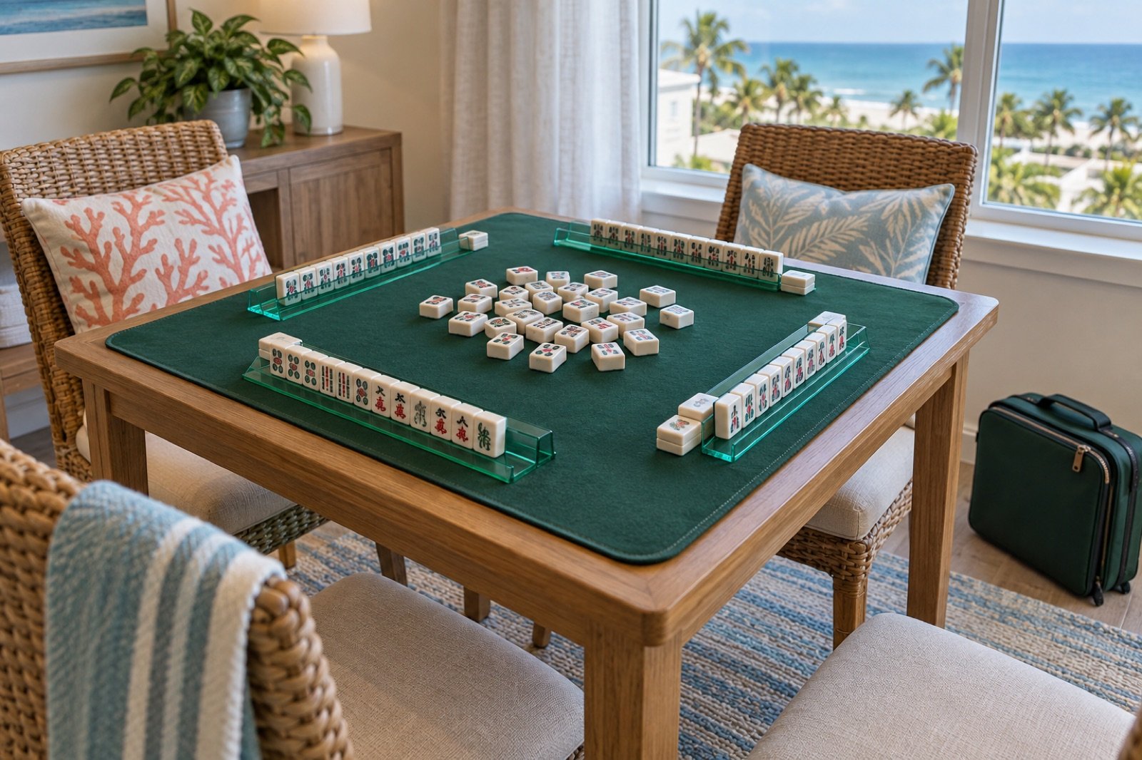 Compact American Mahjong setup for four on a small vacation table