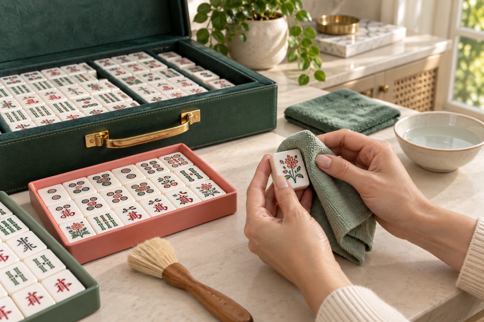 Hands gently wiping an American Mahjong tile beside fitted storage trays