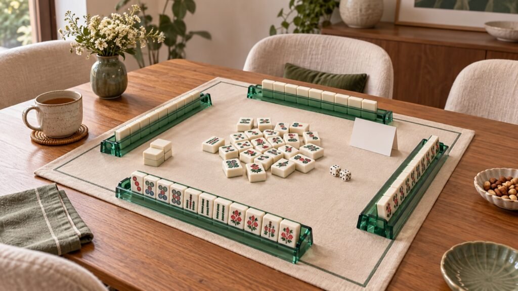 beginner American Mahjong table setup with mat, compact tiles, green racks, dice, and card space