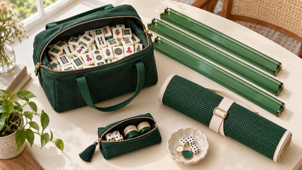 Mahjong bag storage ideas for tiles, racks, rolled mat, dice, and game night accessories