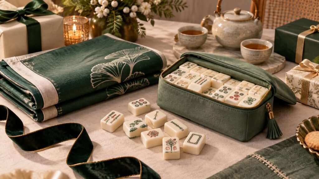 Mahjong gift ideas for women hosts with compact tiles, green bag, folded mat, tea cups, and wrapped gifts