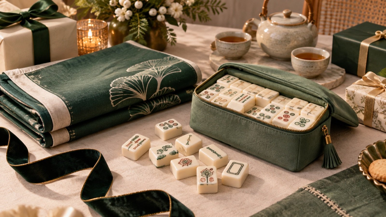 Mahjong gift ideas for women hosts with compact tiles, green bag, folded mat, tea cups, and wrapped gifts