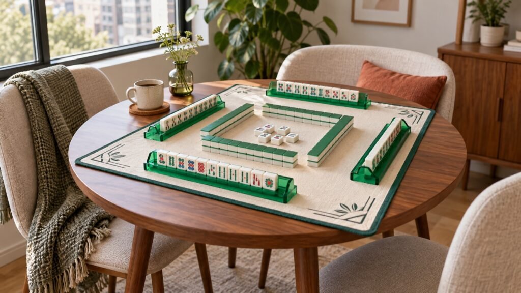 small apartment Mahjong mat size guide with compact tiles, green racks, and cream mat on a round dining table