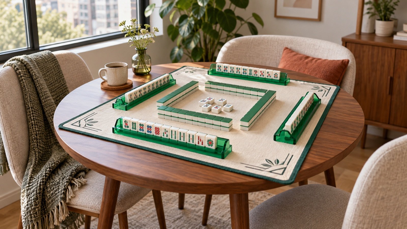 small apartment Mahjong mat size guide with compact tiles, green racks, and cream mat on a round dining table