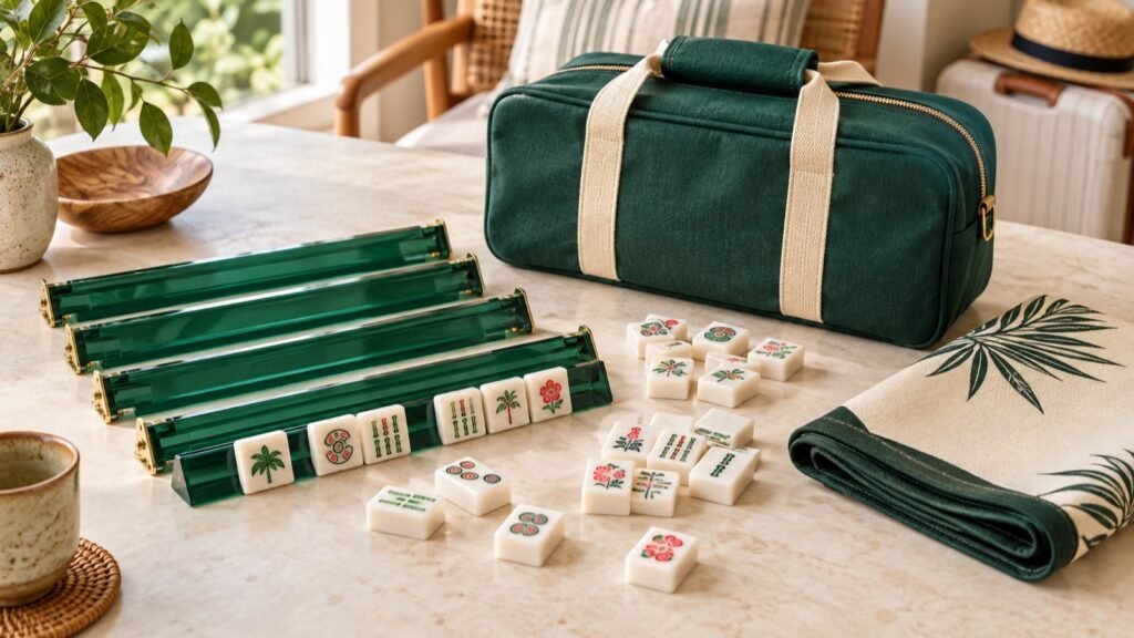 travel Mahjong set with bag and racks, compact American Mahjong tiles, green racks, folded mat