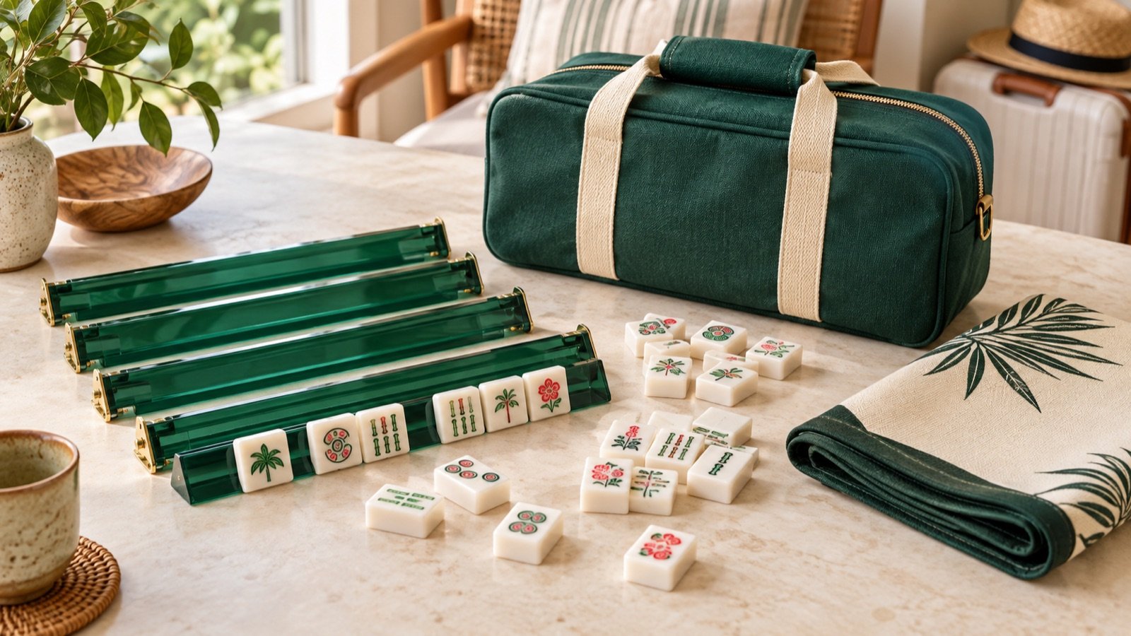 travel Mahjong set with bag and racks, compact American Mahjong tiles, green racks, folded mat