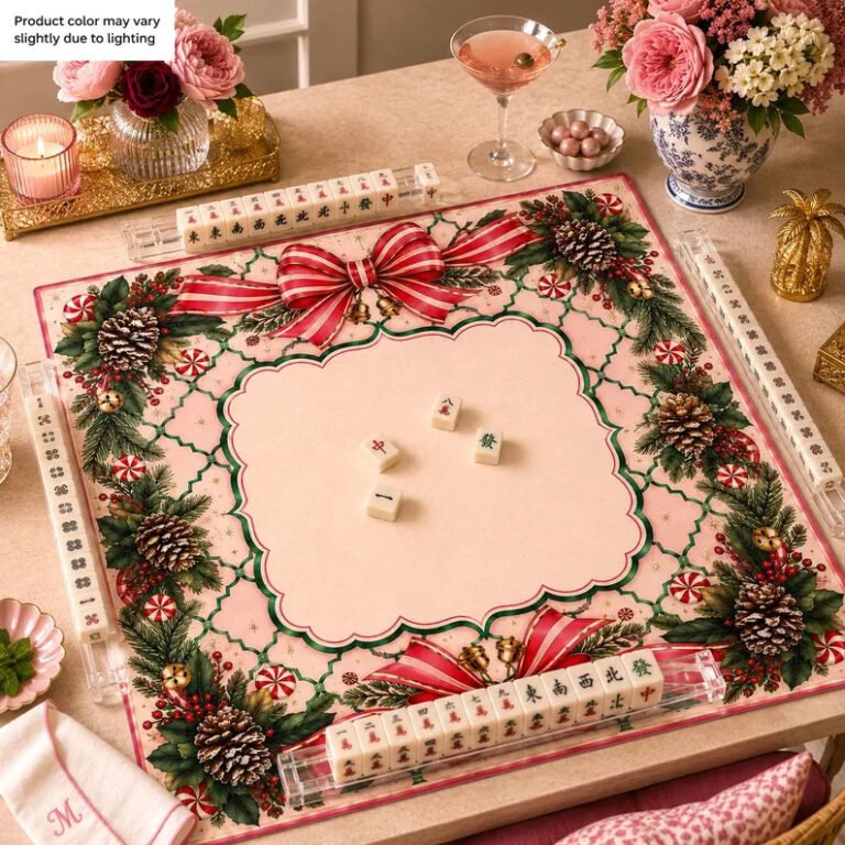 Holiday Ribbon Mahjong Mat on a Mahjong table