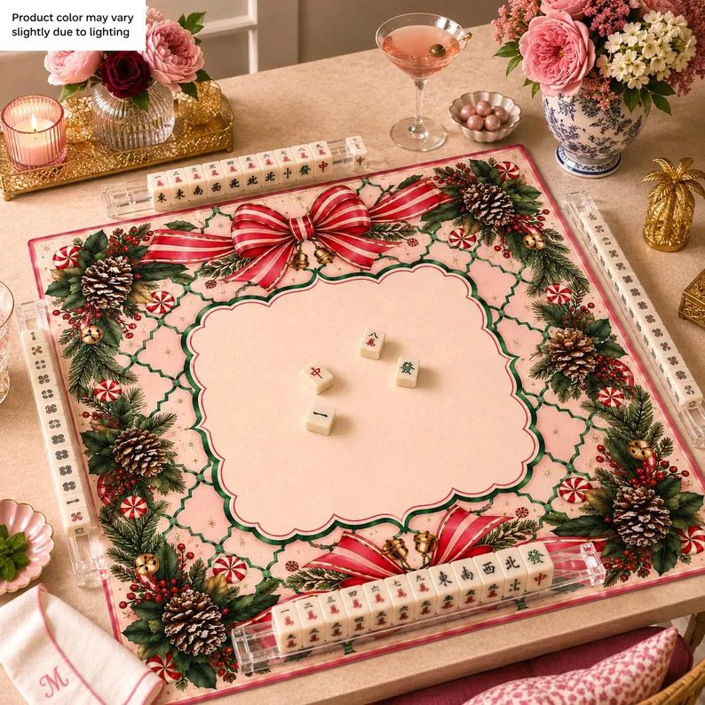 Holiday Ribbon Mahjong Mat on a Mahjong table