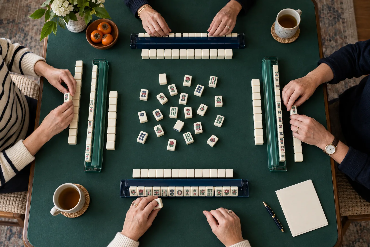 An overhead view of an American Mahjong table set for four