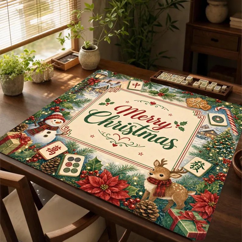 Merry & Bright Christmas Mahjong Mat on a Mahjong table