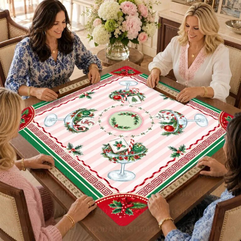 Peppermint Party Christmas Mahjong Mat on a Mahjong table