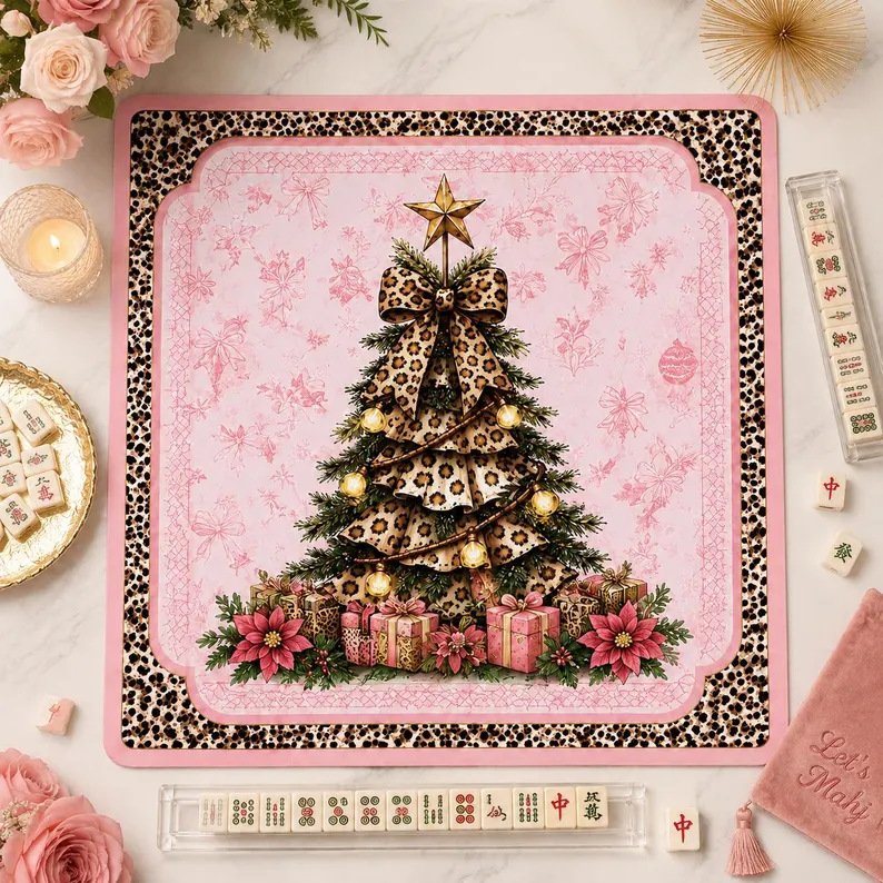 Pink Christmas Tree Mahjong Mat on a Mahjong table