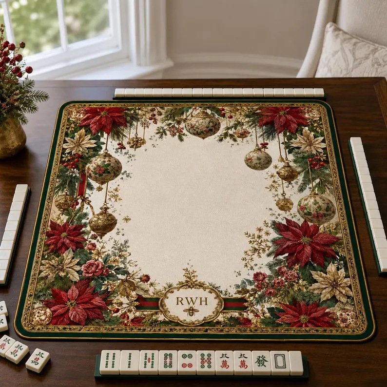 Poinsettia Ornament Christmas Mahjong Mat on a Mahjong table