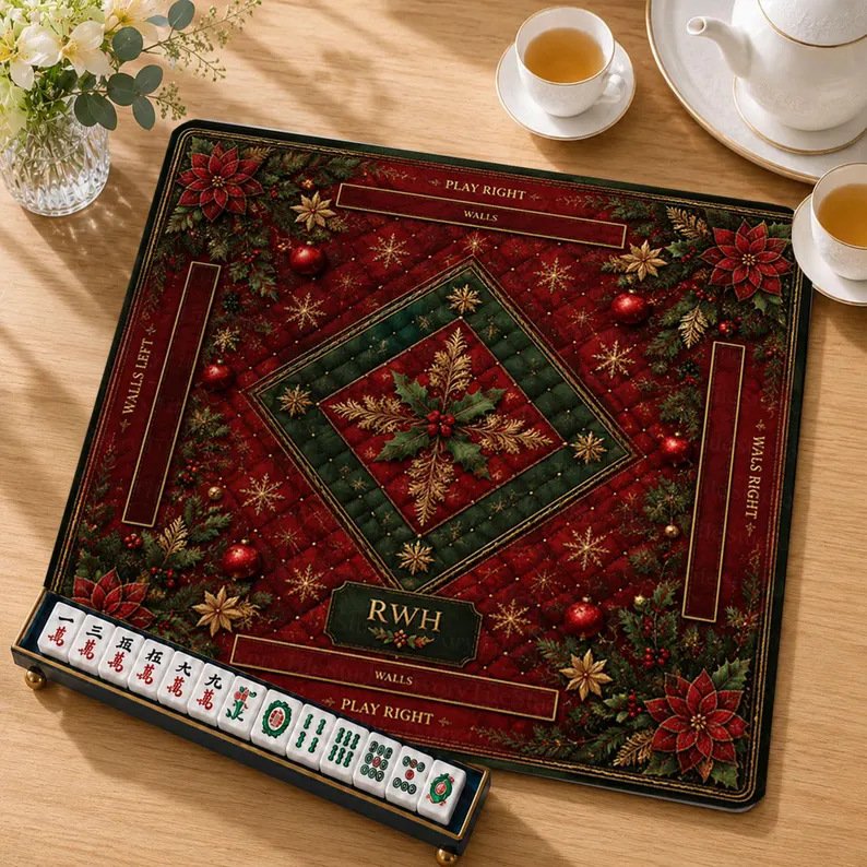 Ruby Tartan Christmas Mahjong Mat on a Mahjong table