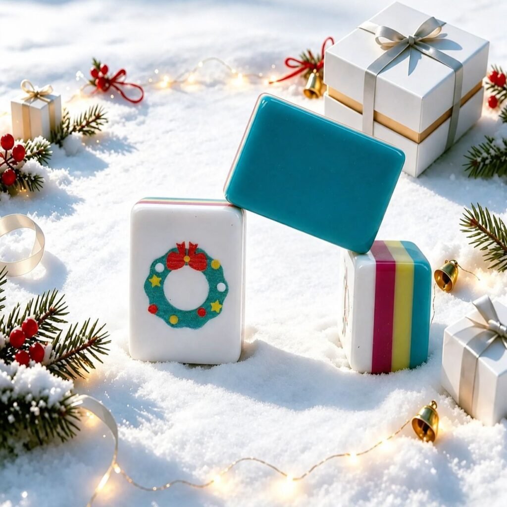 Turquoise and striped Christmas mini American Mahjong tiles in a snowy holiday scene