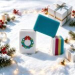 Turquoise and striped Christmas mini American Mahjong tiles in a snowy holiday scene