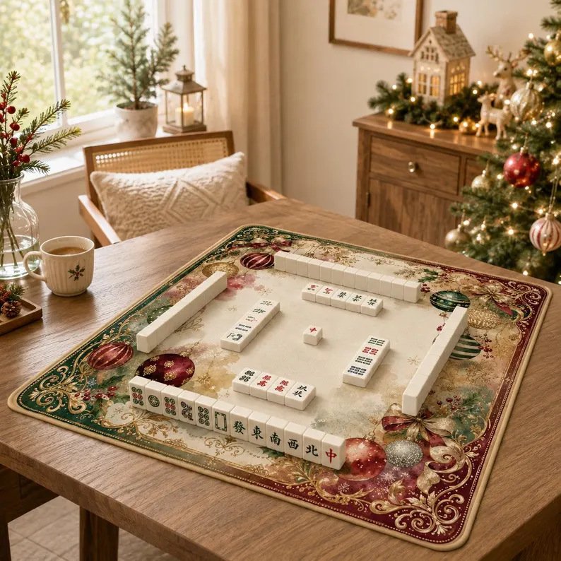 Vintage Woodland Christmas Mahjong Mat on a Mahjong table
