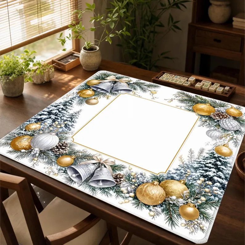 Winter Ornament Christmas Mahjong Mat on a Mahjong table